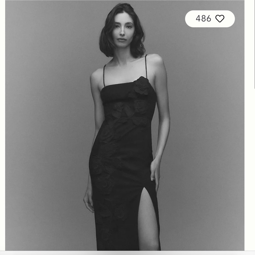 BHLDN Black Sleeveless 3D Floral Side-Slit Column Midi Dress